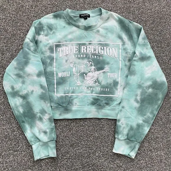 Women True Religion Buddha Green Tie Dye Shrunken Crop Sweatshirt - Size Medium - Picture 2 of 4